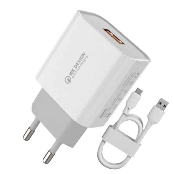 Φορτιστής 18W Quick Charge + καλώδιο USB - USB Type C λευκό WK Design (λευκό)